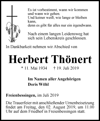 Traueranzeige von Herbert Thönert von Thüringer Allgemeine