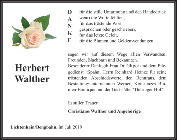 Traueranzeige von Herbert Walther von Ostthüringer Zeitung