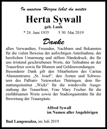 Traueranzeige von Herta Sywall von Thüringer Allgemeine, Thüringische Landeszeitung