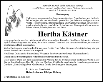 Traueranzeige von Hertha Kästner von Thüringer Allgemeine, Thüringische Landeszeitung