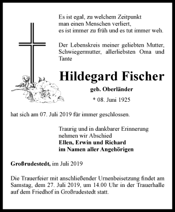 Traueranzeige von Hildegard Fischer von Thüringer Allgemeine, Thüringische Landeszeitung