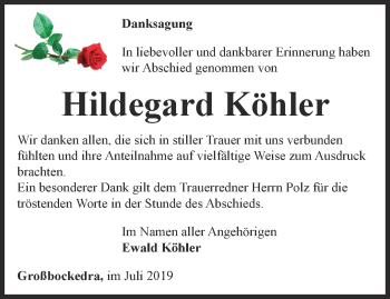 Traueranzeige von Hildegard Köhler von Ostthüringer Zeitung