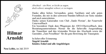 Traueranzeige von Hilmar Arnoldt von Ostthüringer Zeitung