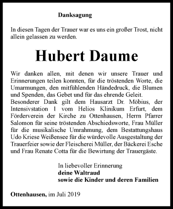Traueranzeige von Hubert Daume von Thüringer Allgemeine