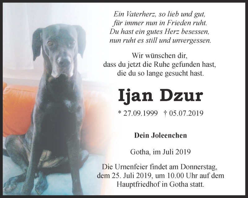  Traueranzeige für Ijan Dzur vom 12.07.2019 aus Ostthüringer Zeitung, Thüringische Landeszeitung