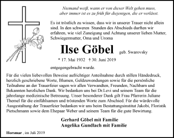 Traueranzeige von Ilse Göbel von Thüringer Allgemeine, Thüringische Landeszeitung