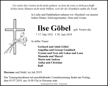 Traueranzeige von Ilse Göbel von Thüringer Allgemeine, Thüringische Landeszeitung