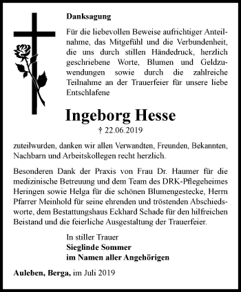 Traueranzeige von Ingeborg Hesse von Thüringer Allgemeine