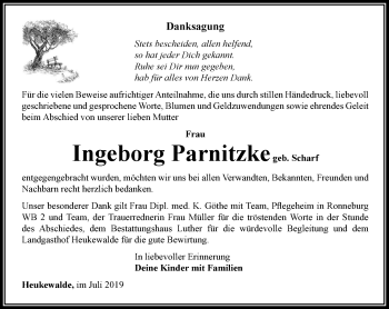 Traueranzeige von Ingeborg Parnitzke von Ostthüringer Zeitung