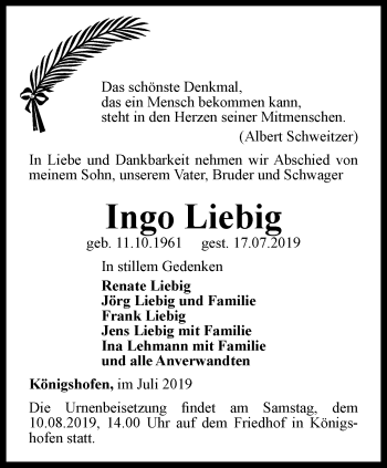 Traueranzeige von Ingo Liebig von Ostthüringer Zeitung