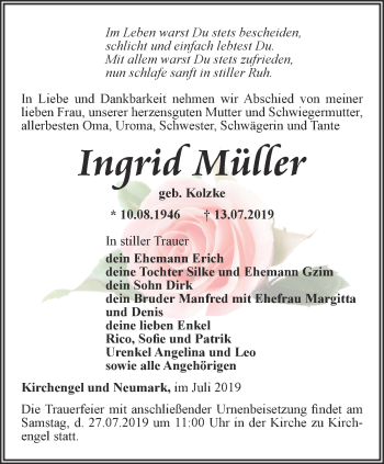 Traueranzeige von Ingrid Müller von Thüringer Allgemeine