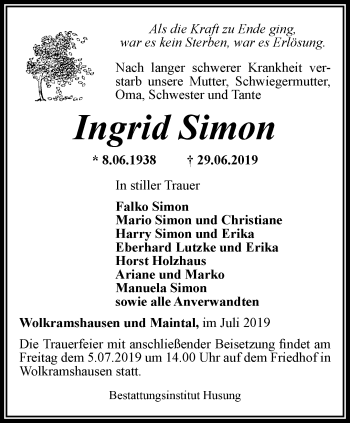 Traueranzeige von Ingrid Simon von Thüringer Allgemeine