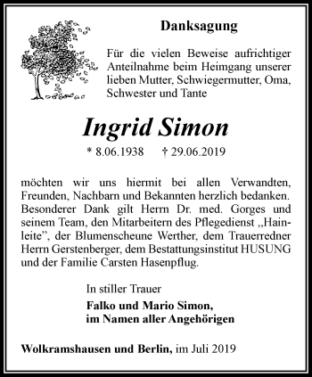 Traueranzeige von Ingrid Simon von Thüringer Allgemeine