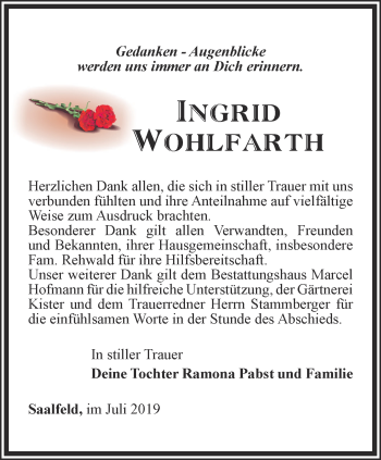 Traueranzeige von Ingrid Wohlfarth von Ostthüringer Zeitung