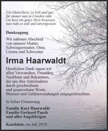 Traueranzeige von Irma Haarwaldt von Ostthüringer Zeitung