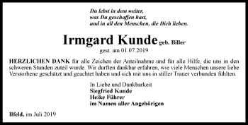 Traueranzeige von Irmgard Kunde von Thüringer Allgemeine