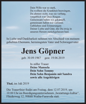 Traueranzeige von Jens Göpner von Thüringer Allgemeine, Thüringische Landeszeitung