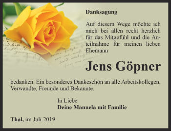 Traueranzeige von Jens Göpner von Thüringer Allgemeine, Thüringische Landeszeitung