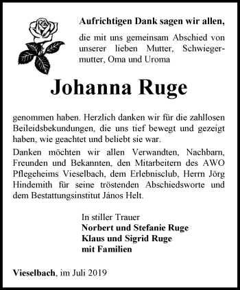 Traueranzeige von Johanna Ruge von Thüringer Allgemeine, Thüringische Landeszeitung