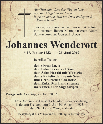 Traueranzeige von Johannes Wenderott von Thüringer Allgemeine