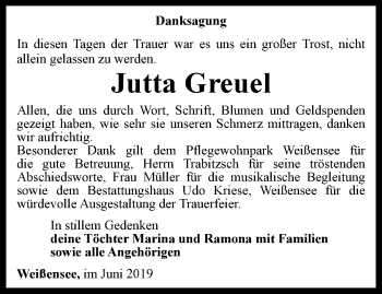 Traueranzeige von Jutta Greuel von Thüringer Allgemeine