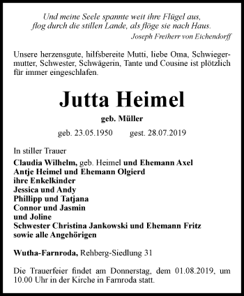 Traueranzeige von Jutta Heimel von Thüringer Allgemeine, Thüringische Landeszeitung