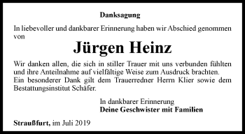 Traueranzeige von Jürgen Heinz von Thüringer Allgemeine