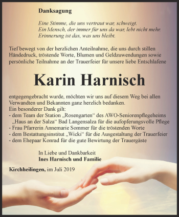 Traueranzeige von Karin Harnisch von Thüringer Allgemeine, Thüringische Landeszeitung