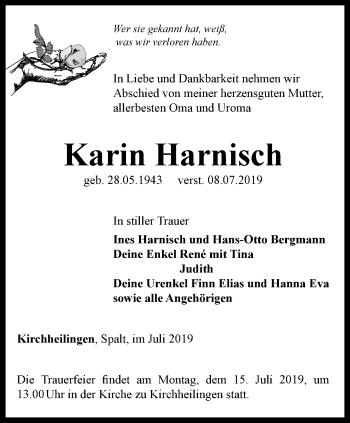 Traueranzeige von Karin Harnisch von Thüringer Allgemeine, Thüringische Landeszeitung