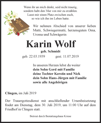 Traueranzeige von Karin Wolf von Thüringer Allgemeine