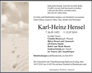 Traueranzeige von Karl-Heinz Hensel von Thüringer Allgemeine