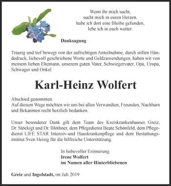 Traueranzeige von Karl-Heinz Wolfert von Ostthüringer Zeitung