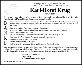 Traueranzeige von Karl-Horst Krug von Thüringer Allgemeine