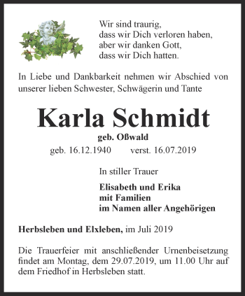 Traueranzeige von Karla Schmidt von Thüringer Allgemeine, Thüringische Landeszeitung