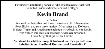 Traueranzeige von Kevin Brand von Thüringer Allgemeine