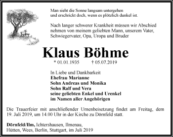 Traueranzeige von Klaus Böhme von Thüringer Allgemeine