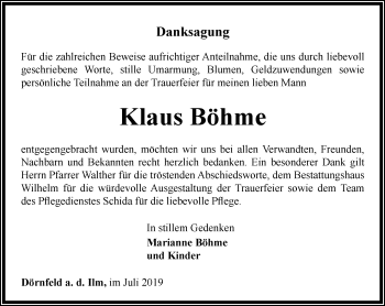 Traueranzeige von Klaus Böhme von Thüringer Allgemeine