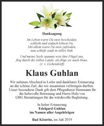 Traueranzeige von Klaus Guhlan von Ostthüringer Zeitung