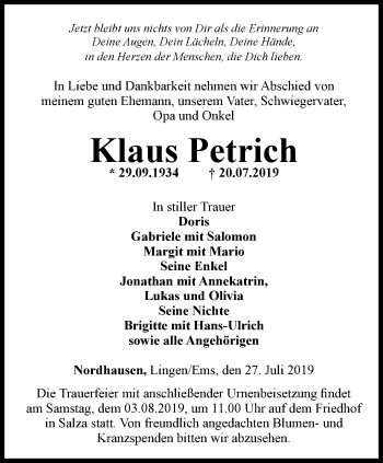 Traueranzeige von Klaus Petrich von Thüringer Allgemeine