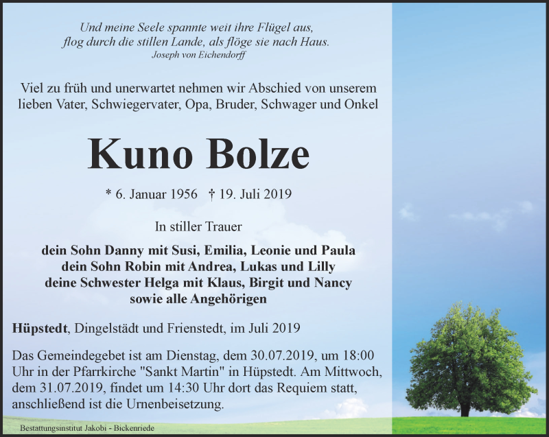  Traueranzeige für Kuno Bolze vom 25.07.2019 aus Thüringer Allgemeine, Thüringische Landeszeitung