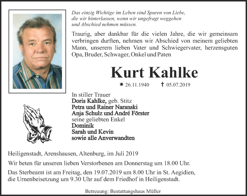  Traueranzeige für Kurt Kahlke vom 16.07.2019 aus Thüringer Allgemeine