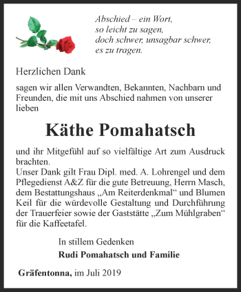 Traueranzeige von Käthe Pomahatsch von Thüringer Allgemeine, Thüringische Landeszeitung