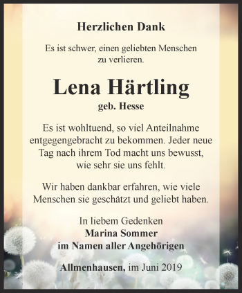 Traueranzeige von Lena Härtling von Thüringer Allgemeine