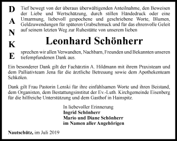 Traueranzeige von Leonhard Schönherr von Ostthüringer Zeitung