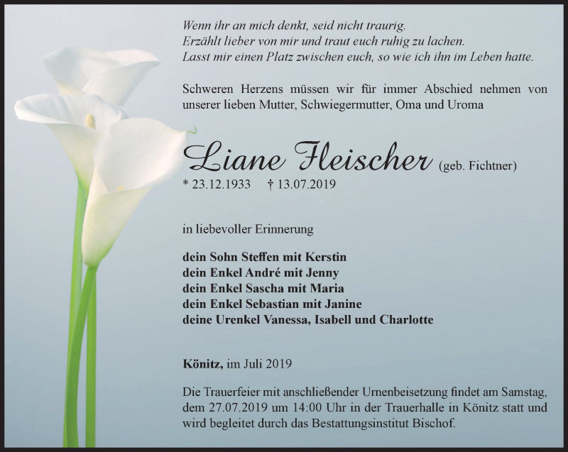  Traueranzeige für Liane Fleischer vom 20.07.2019 aus Ostthüringer Zeitung