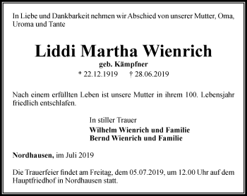 Traueranzeige von Liddi Martha Wienrich von Thüringer Allgemeine