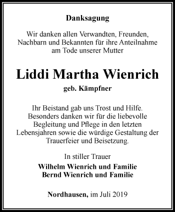 Traueranzeige von Liddi Martha Wienrich von Thüringer Allgemeine