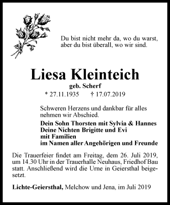 Traueranzeige von Liesa Kleinteich von Ostthüringer Zeitung