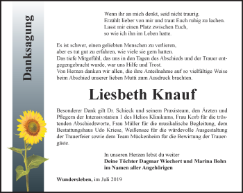 Traueranzeige von Liesbeth Knauf von Thüringer Allgemeine