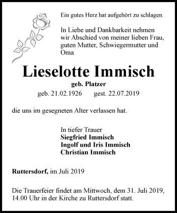 Traueranzeige von Lieselotte Immisch von Ostthüringer Zeitung